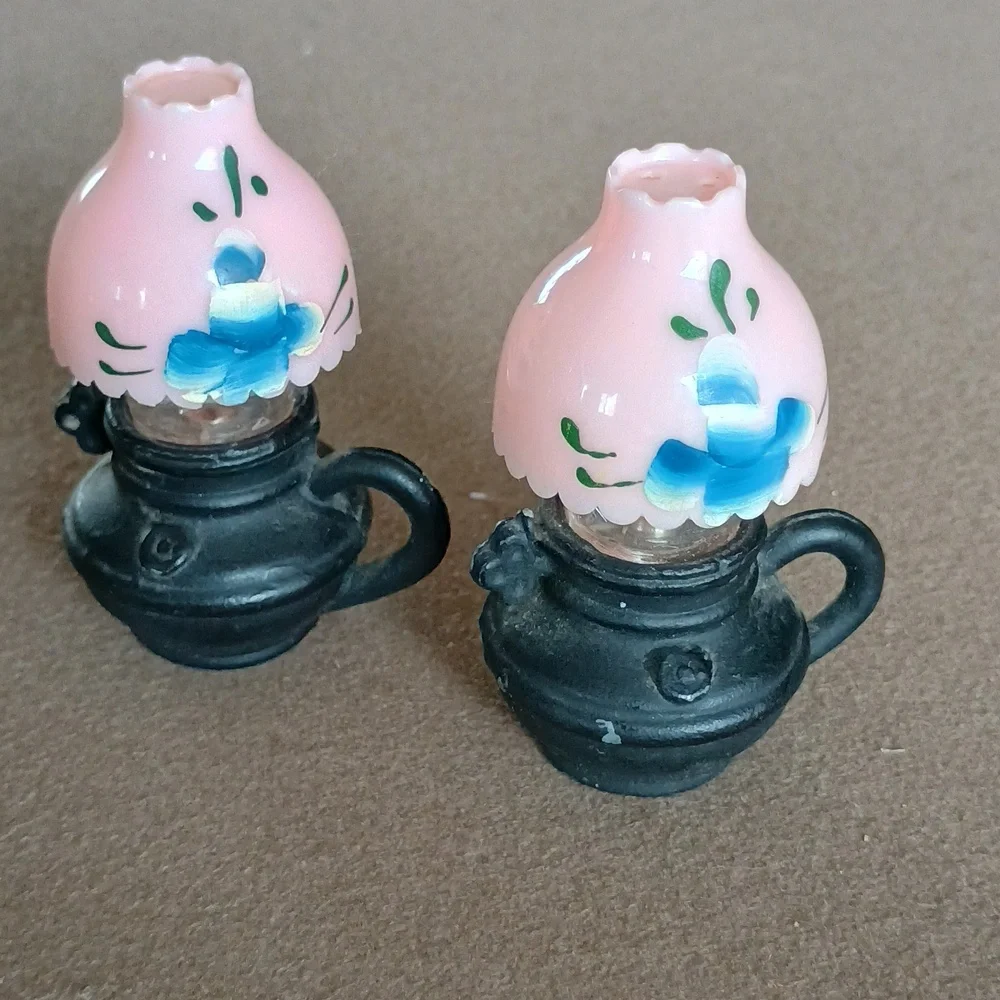 Vintage Metal Cast Iron Oil Lamp Salt and Pepper Shakers Pink Blue Flower